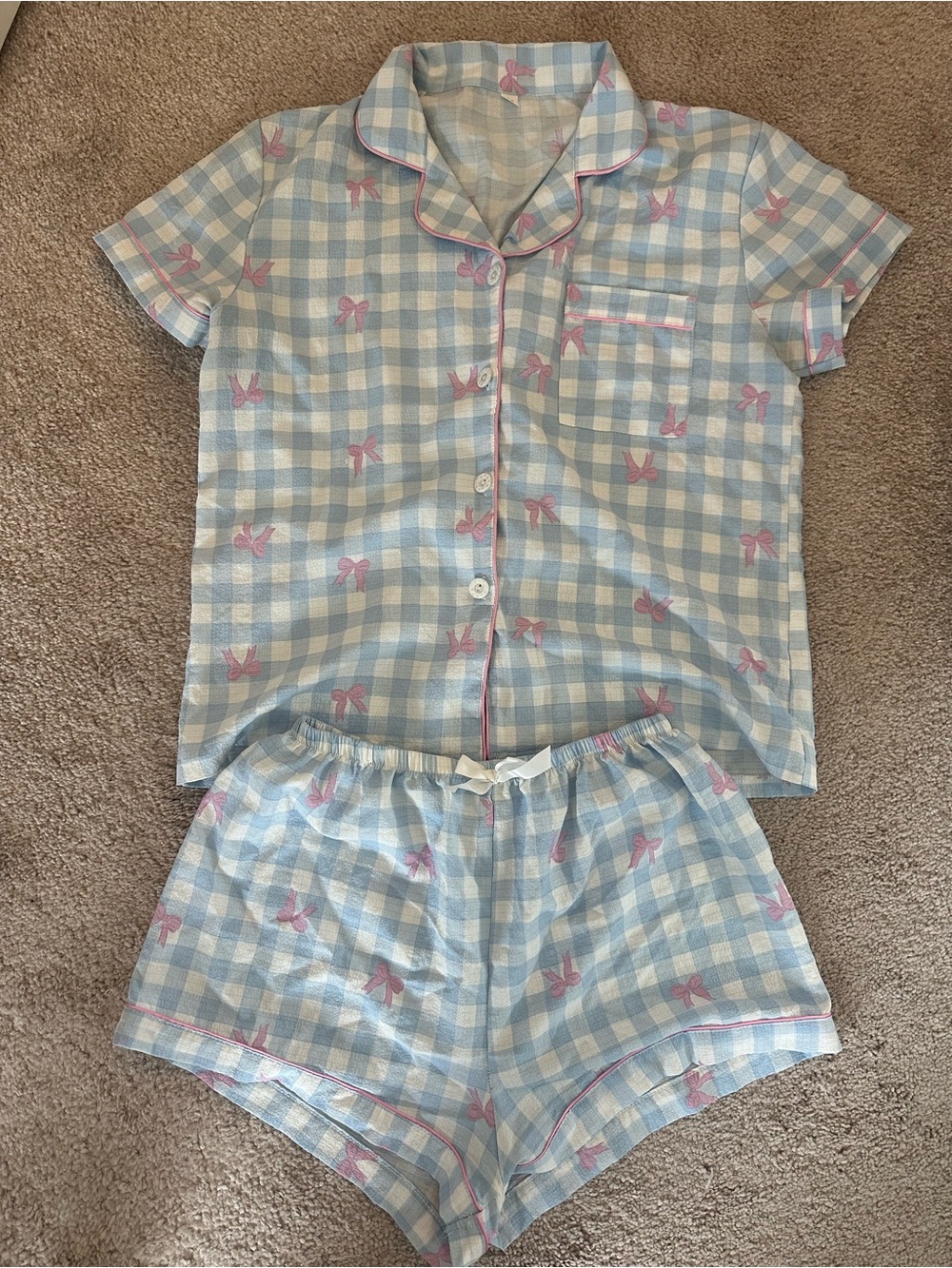 Women’s Blue Gingham Short Pajama Set with Pink Bows